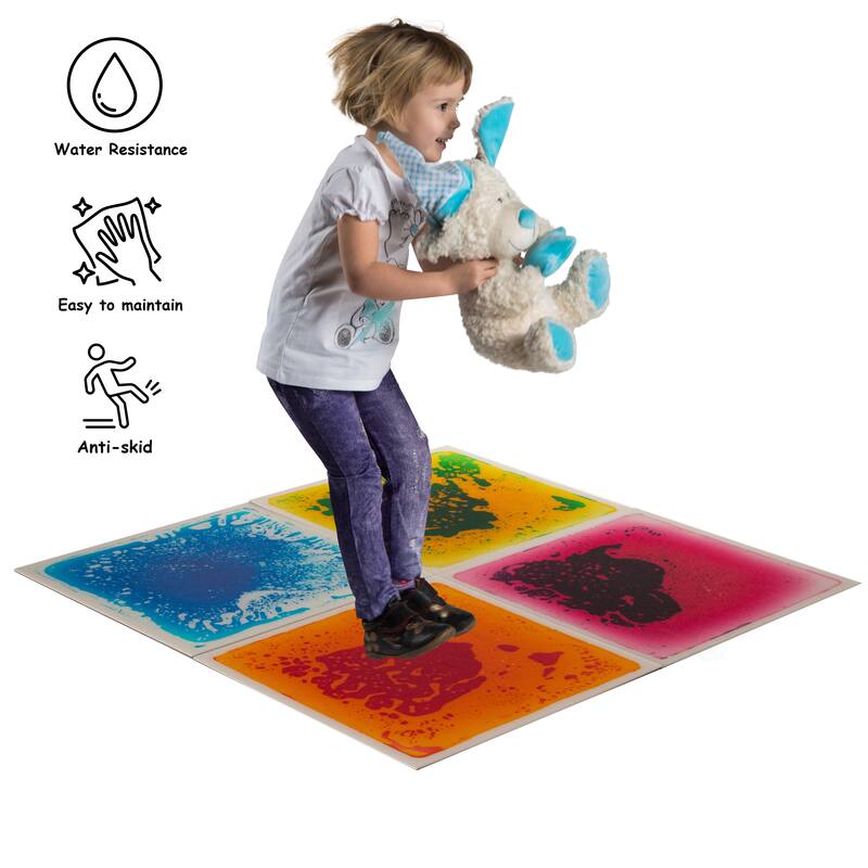 Sensory Liquid Gel Floor Square Tiles, 19.5 x 19.5 Inch Red Orange White Green Pink Purple Yellow Blue Kids Floor Mat, 4 Pack