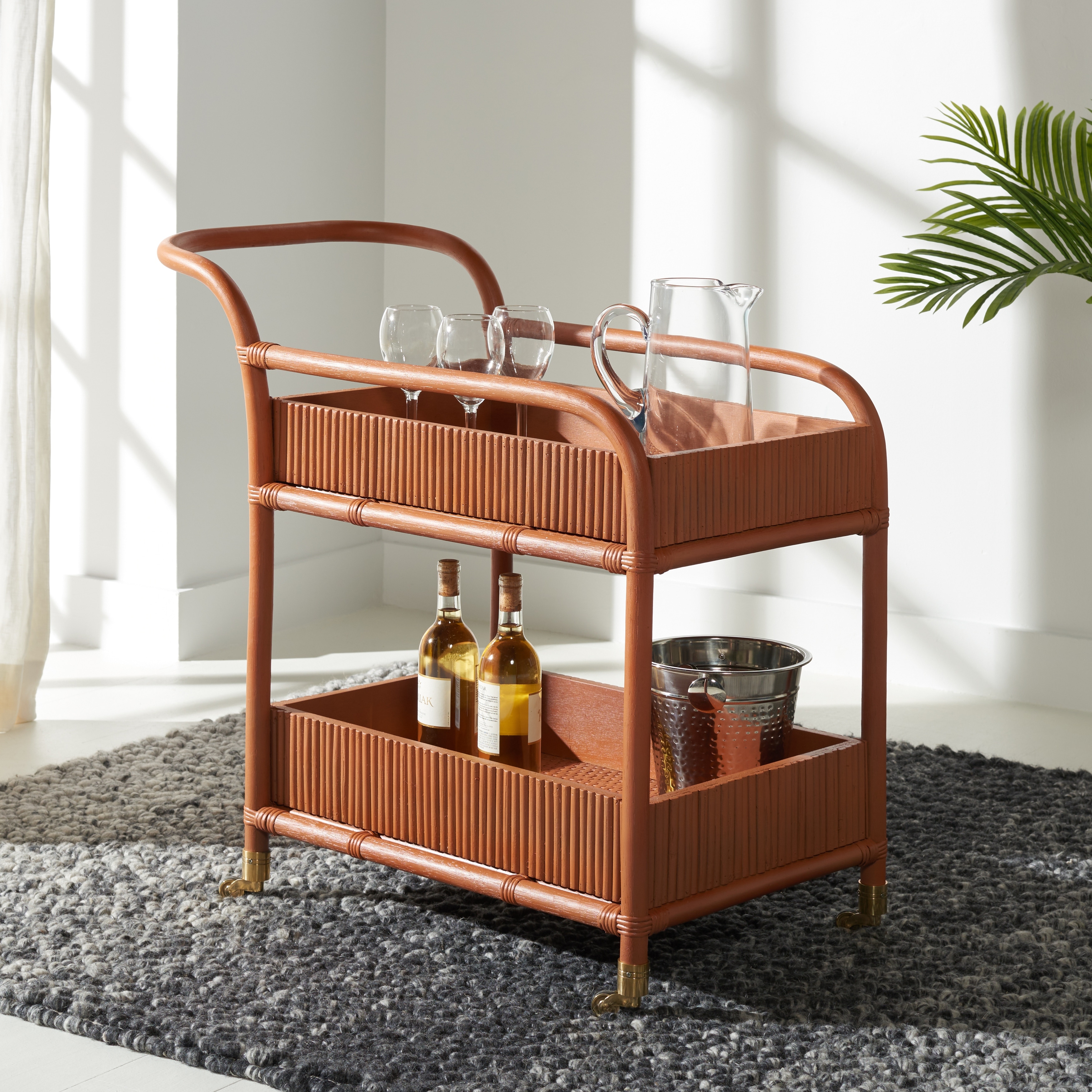 SAFAVIEH Couture Gelsomina Glam Rattan Bar Cart, 35-Inch, Brown - 35"Wx18"Dx32"H
