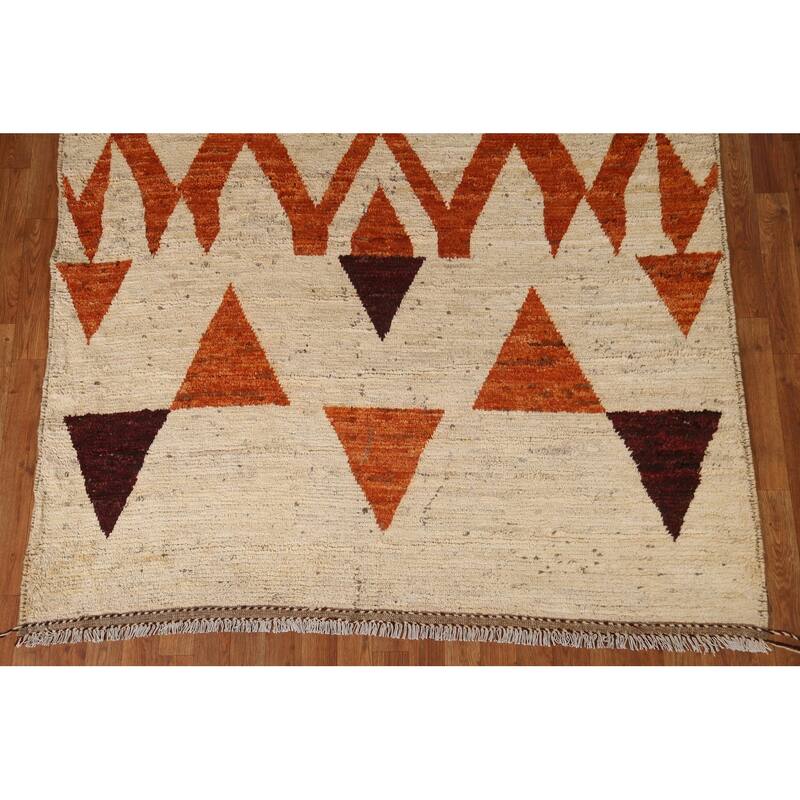 Hand Knotted Oriental 100% Wool Carpet Modern Geometric Beige & Ivories Moroccan Area Rug - 7' 9'' X 5' 9''