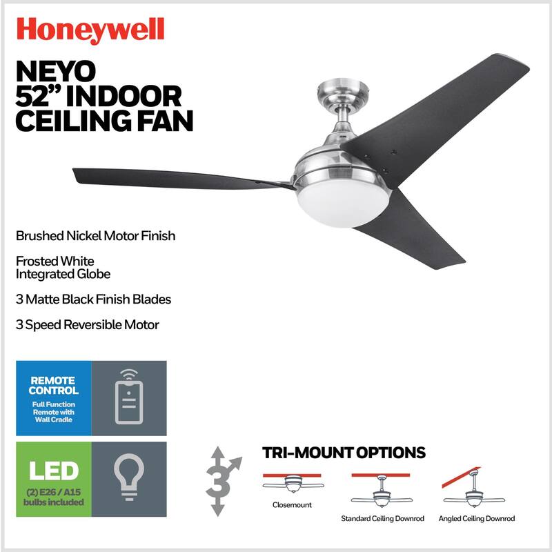 52" Honeywell Neyo Brushed Nickel Contemporary Indoor LED Ceiling Fan with Light, Remote Control