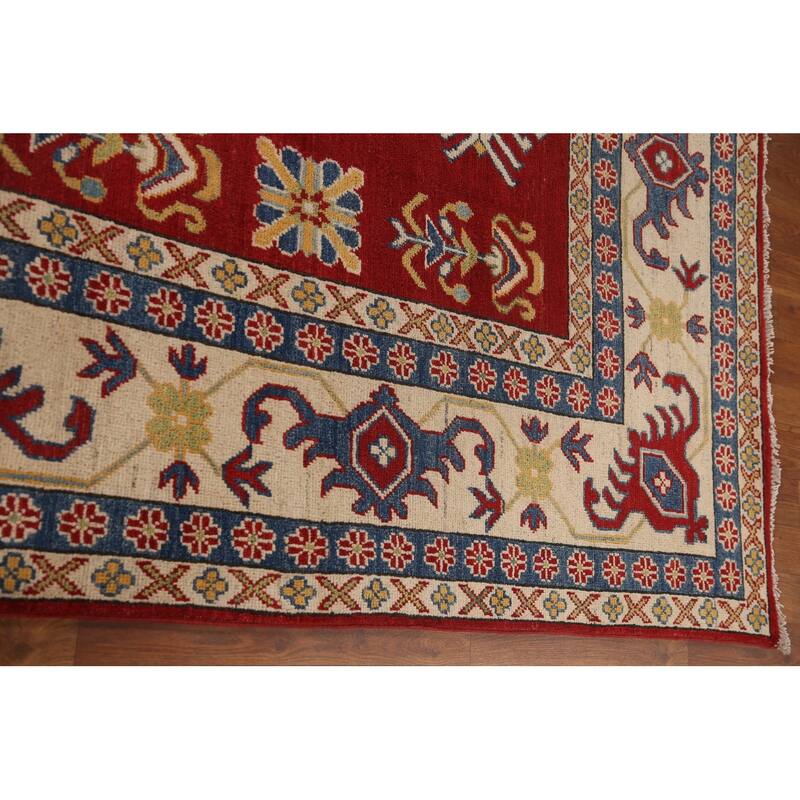Red Geometric Kazak Oriental Area Rug Handmade Wool Carpet - 9'0"x 11'11"