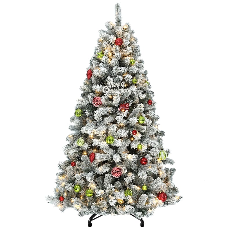 6 /7.5 /9 ft Prelit Snow Flocked Christmas Tree with Remote, 11 Light Modes & Foldable Base - 7.5 Foot