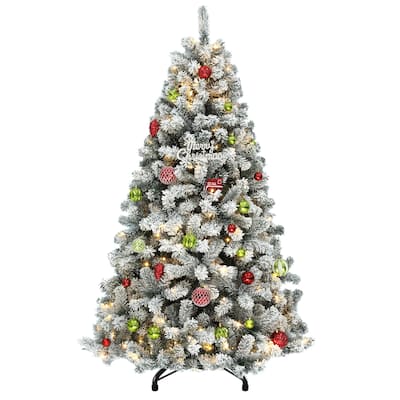 6 /7.5 /9 ft Prelit Snow Flocked Christmas Tree with Remote, 11 Light Modes & Foldable Base