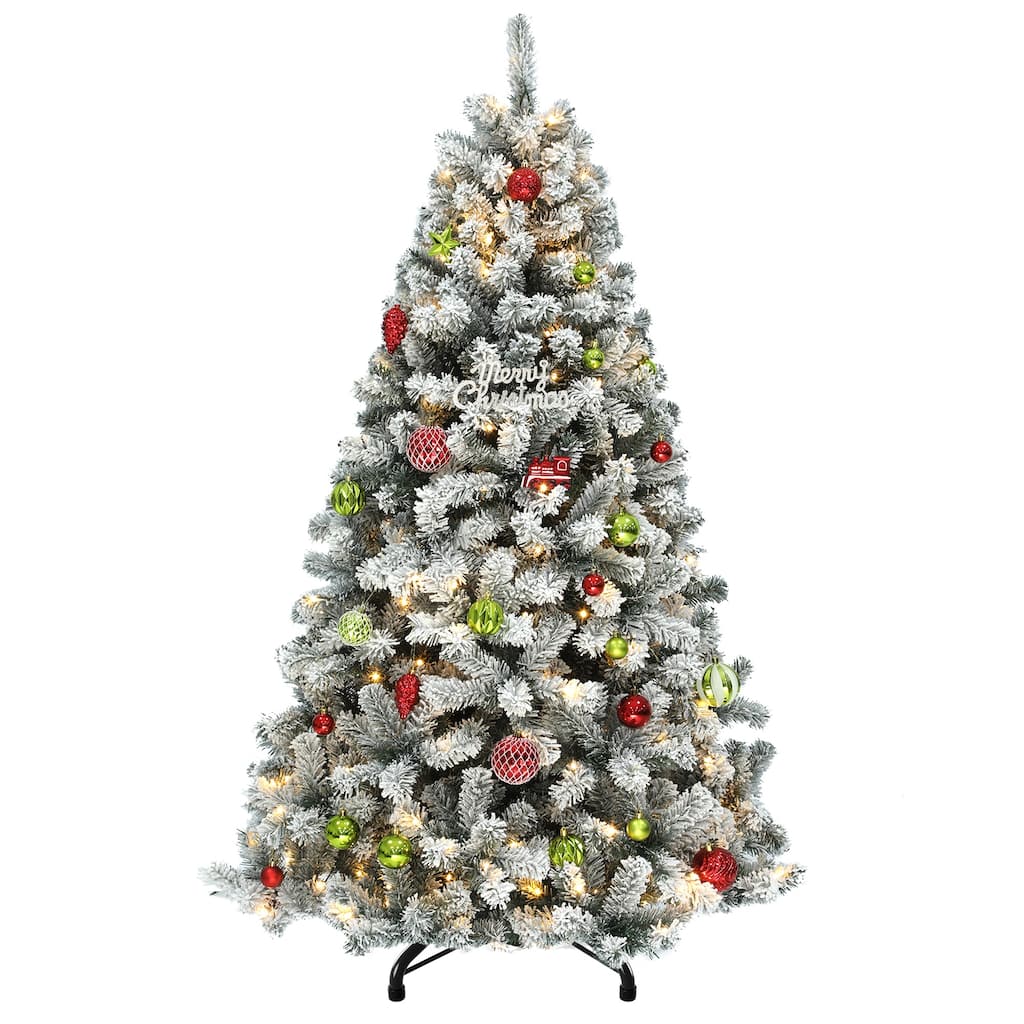 6 /7.5 /9 ft Prelit Snow Flocked Christmas Tree with Remote, 11 Light Modes & Foldable Base