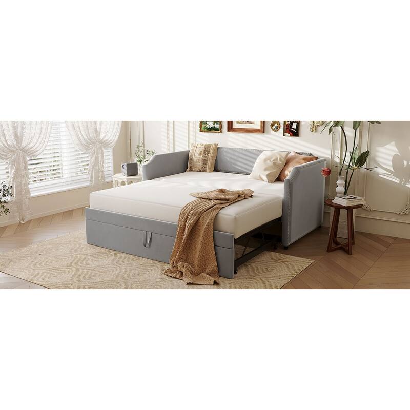Roomfitters Twin Size Velvet Upholstered Daybed with Pop Up Trundle, Space Saving Sofa Bed Frame with Slats