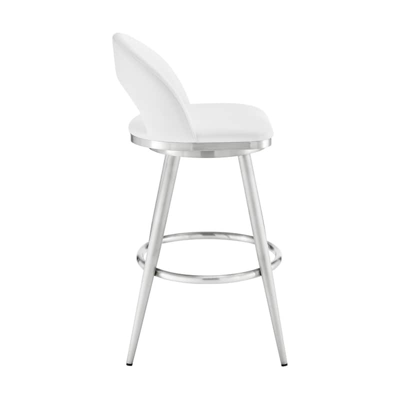 Visy 26 Inch Swivel Counter Stool Chair, Round Back, White Faux Leather