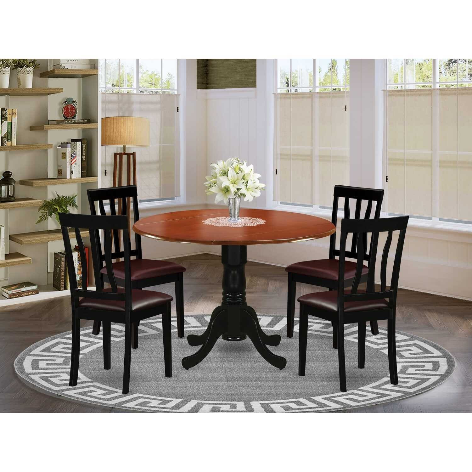 HomeStock 5-Piece Round Black and Cherry Finish Solid Wood Top Dining table with 4 Chairs