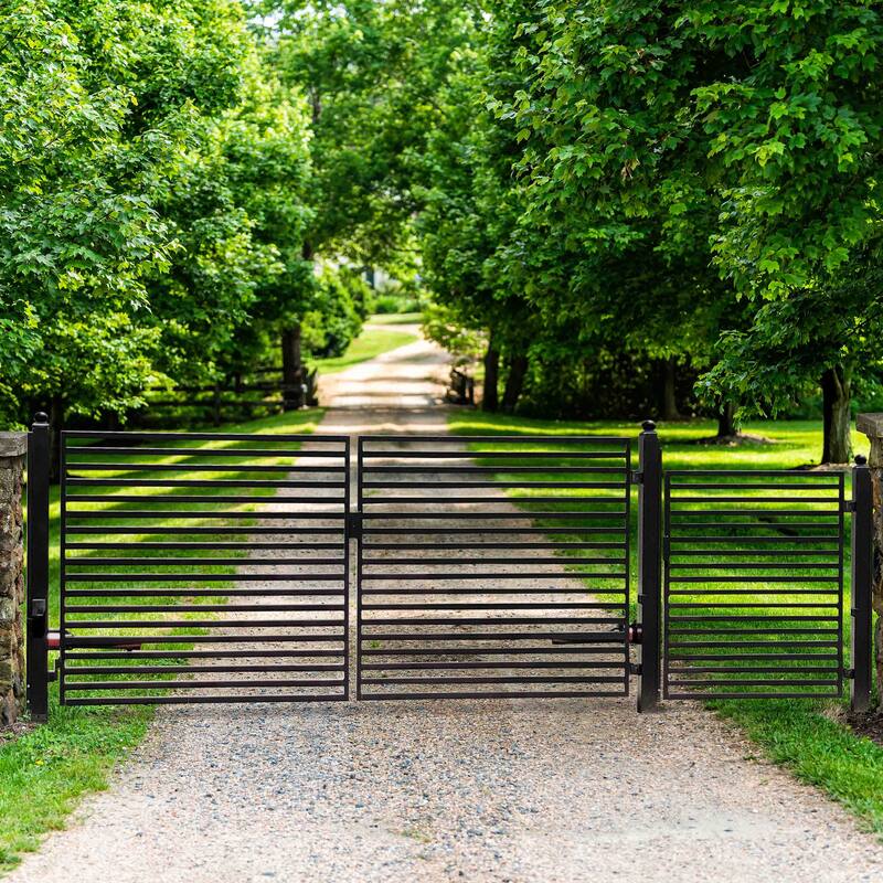 ALEKO Dual Swing Steel Driveway Gate 16 ft Milan Style with Pedestrian Gate