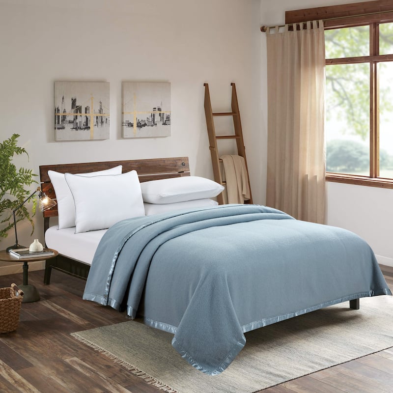 100% Merino Wool Blanket with Satin Border - Full/Queen - Blue