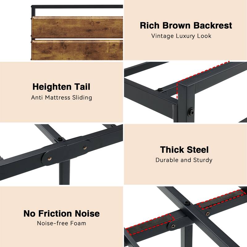 Metal Queen Size Platform Bed Frame with Storage Bedside