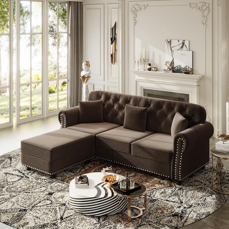 82.6" Velvet Sofa with Button Tufted, 3 Pillows and 1 Ottoman