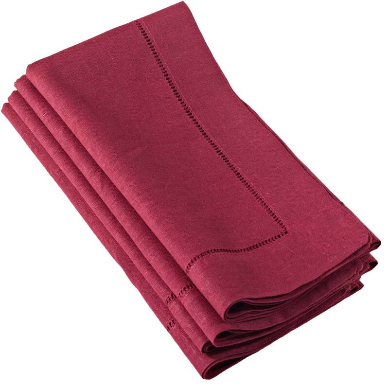 Hemstitched Linen Dinner Napkins (Set of 4) - Burgundy - Set of 4
