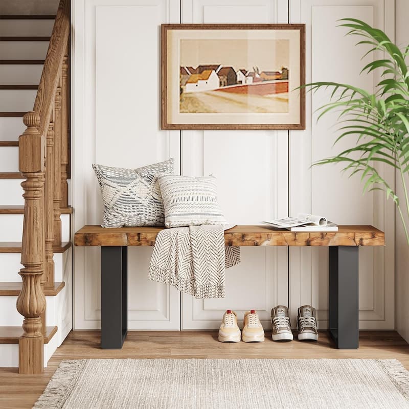 47" Solid Wood Entryway Bench with Metal Legs for Bedroom Living Room Small Space