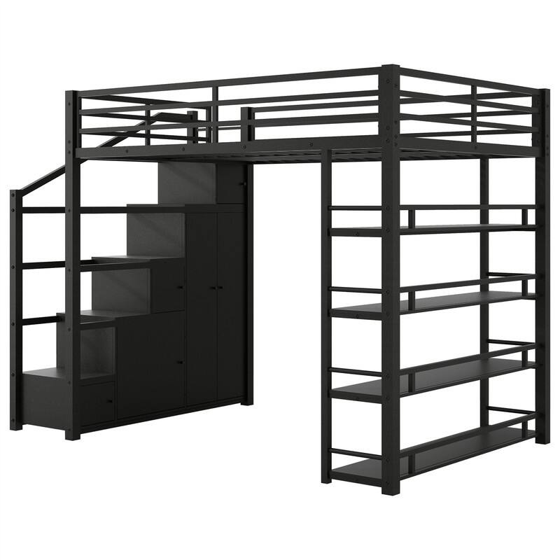 Full Size Loft Bed with Bulit-in Wardrobe and Cabinets, Metal Loft Bedframe with Storage Staircase and Open Shelves