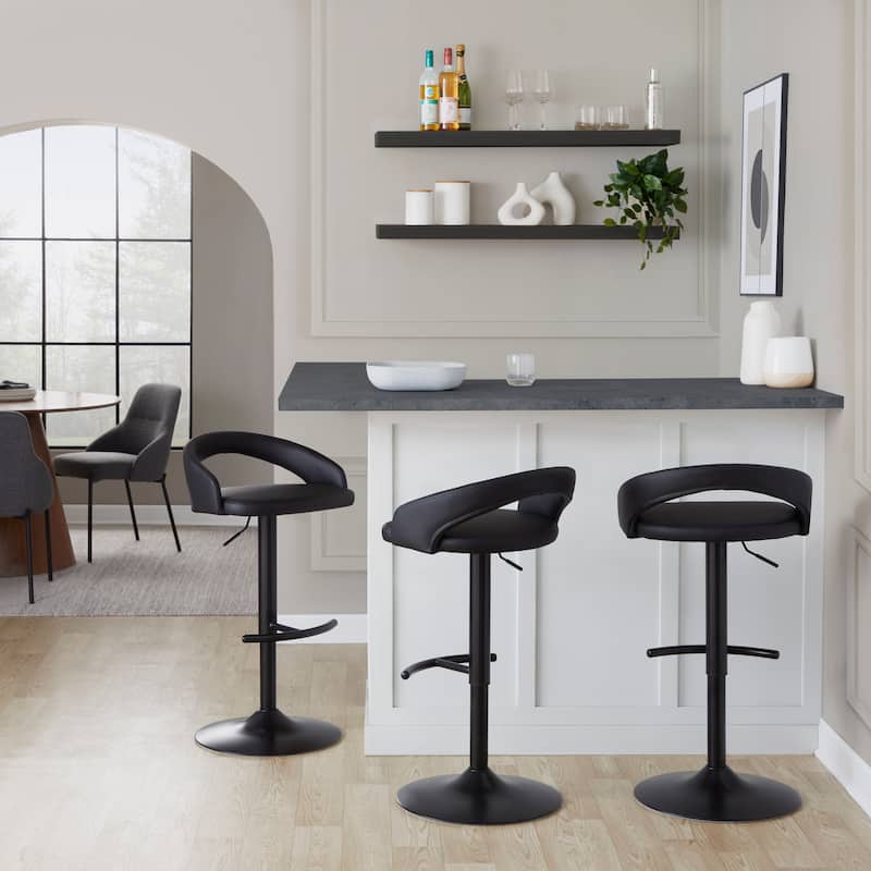 Porch & Den Stavenger Upholstered Adjustable Bar Stool with Black Metal Base & Rounded T Footrest (Set of 3)