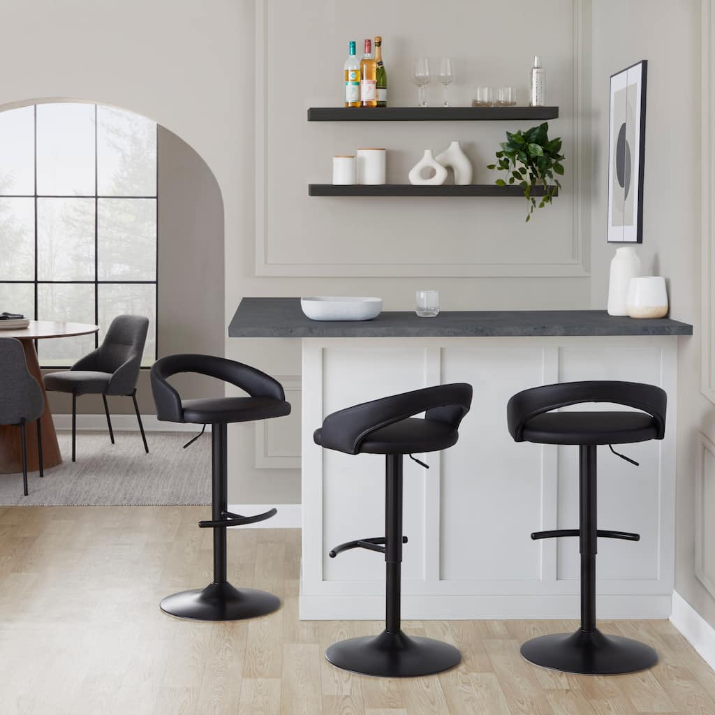 Porch & Den Stavenger Upholstered Adjustable Bar Stool with Black Metal Base & Rounded T Footrest (Set of 3)