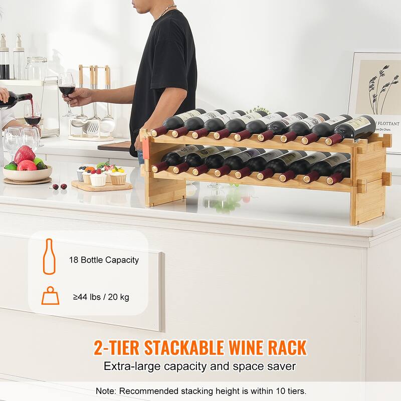 Anmytek Natural Bamboo 2 Tier Stackable Wine Rack Holds 18 Bottles for Kitchen Home Bar Expandable Storage