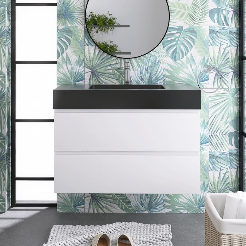 Floating Bathroom Vanity with Black Solid Surface Top - 35.8'' x 18.1'' x 25.2'' - White
