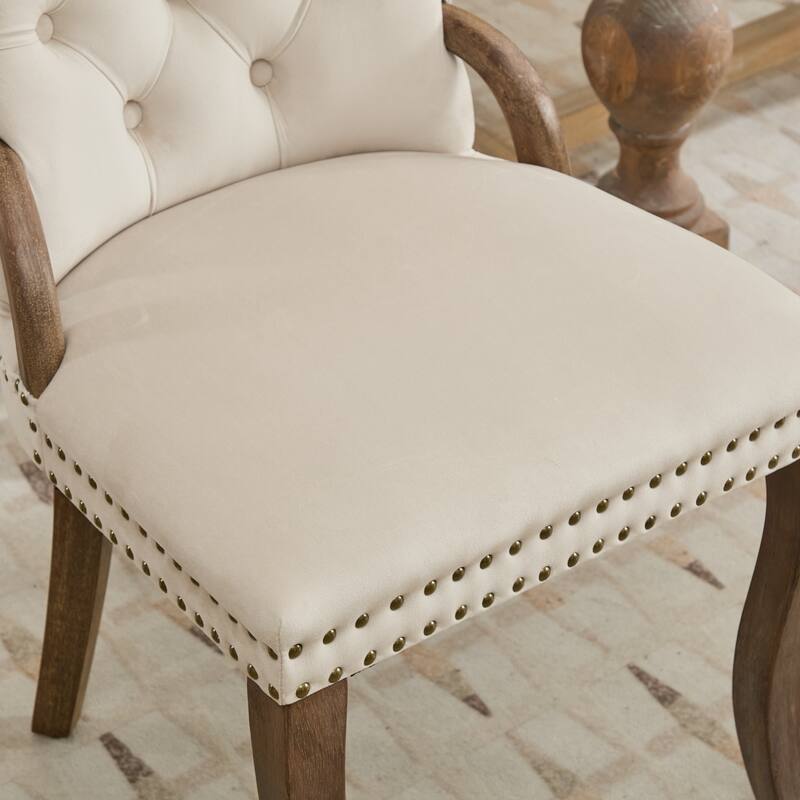 Velvet Dining Chair with Tufted Trim and Wood Legs (Set of 2)