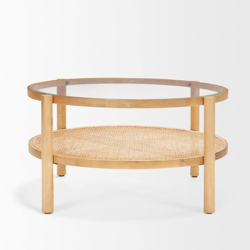 HomeRoots 34" Clear and Natural Glass and Solid Wood Round Coffee Table With Shelf - 34.25' X '17.25' X '34.25