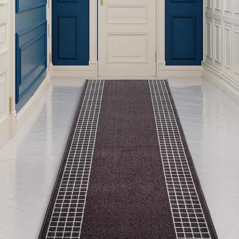 Custom Size Checkered Border Design Brown,Gray,Red Color Non-Slip Rubber Backing- 31 Inch WidexYour Choice of Length Runner Rug