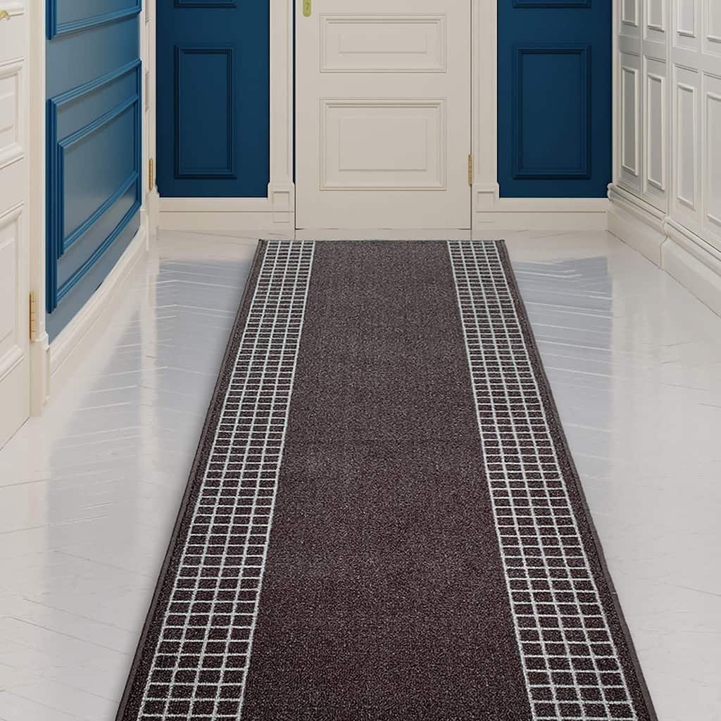 Custom Size Checkered Border Design Brown,Gray,Red Color Non-Slip Rubber Backing- 31 Inch WidexYour Choice of Length Runner Rug