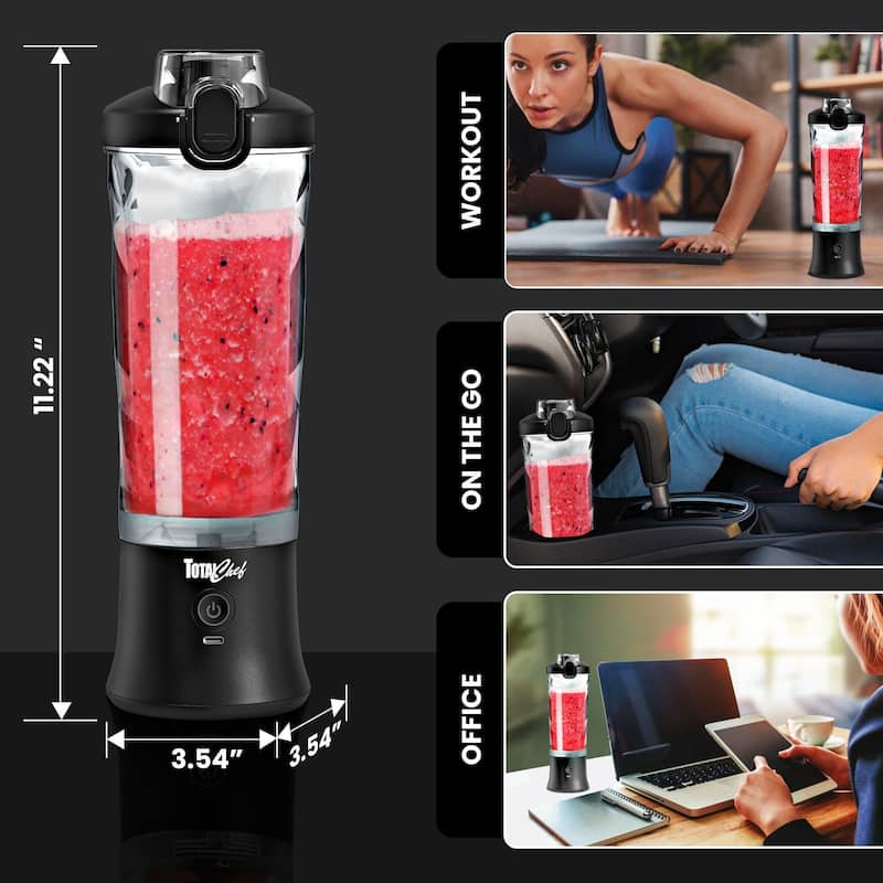 Total Chef Cordless Portable Blender, 20 oz (600 mL) Personal Blender, USB Rechargeable, Black