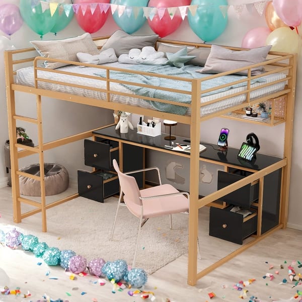 slide 2 of 26, Full Size Loft Bed with Desk,Drawers,Bedside Tray,Charging Station,USB Gold+Black
