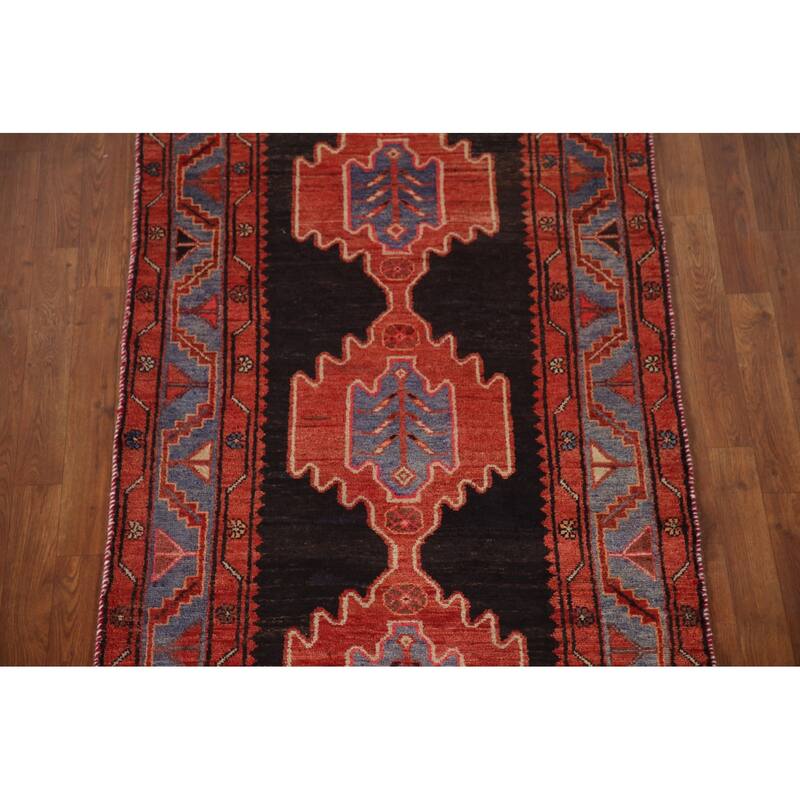 Geometric Hamedan Persian Vintage Runner Rug Hand-Knotted Wool Carpet - 3'5"x 9'9"