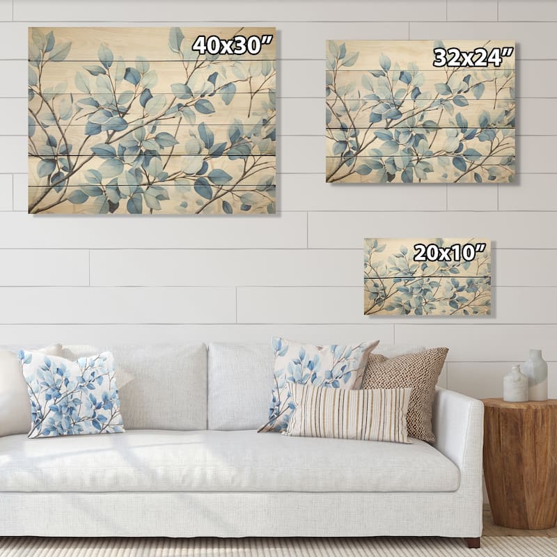 Designart "Blue And Grey Leave Bloom" Leaves Wood Wall Decor - Traditional Blue Wood Panel On Natural Pine Wood