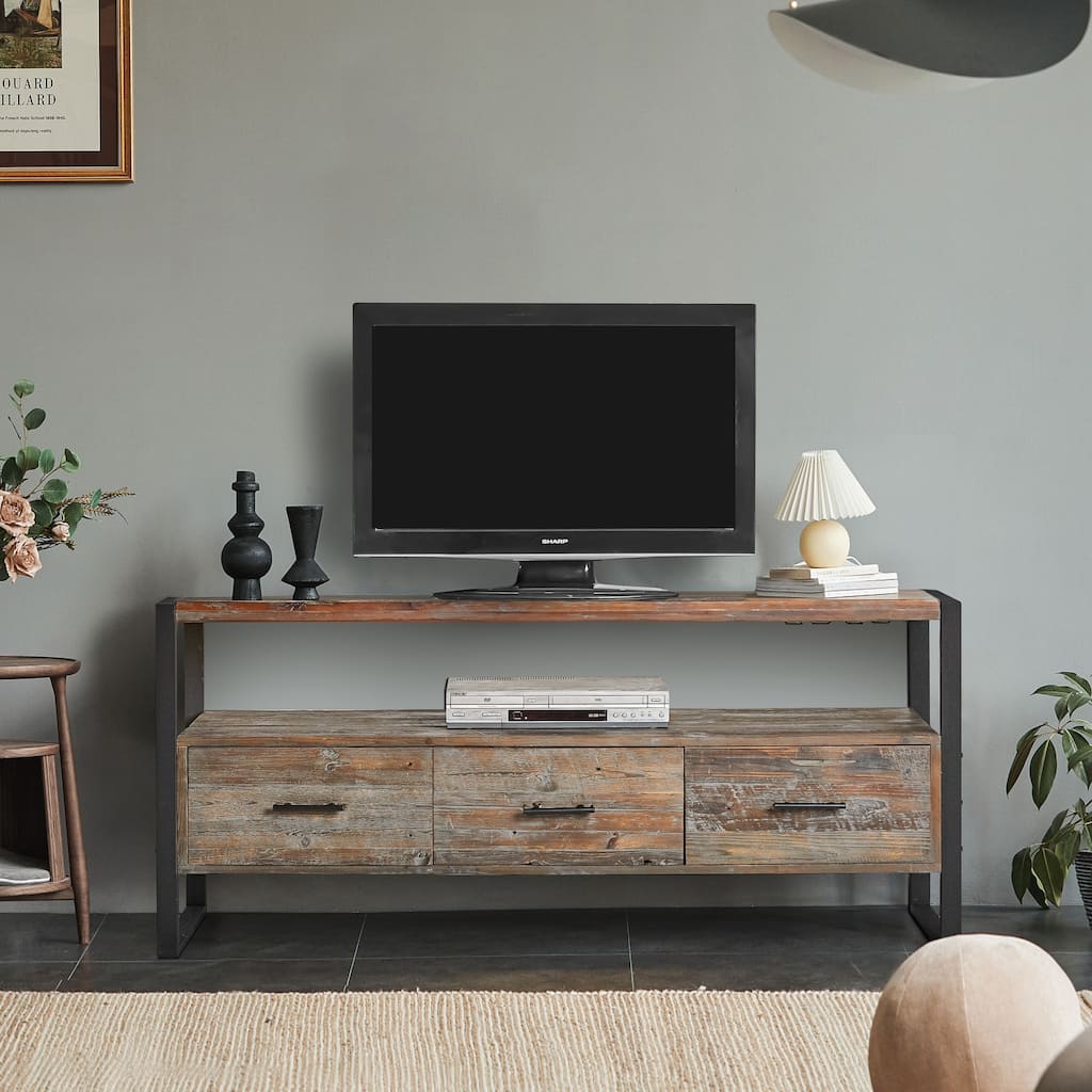 60 inch Reclaimed wood Media TV Console table with 3 Drarwer, Open Shelf