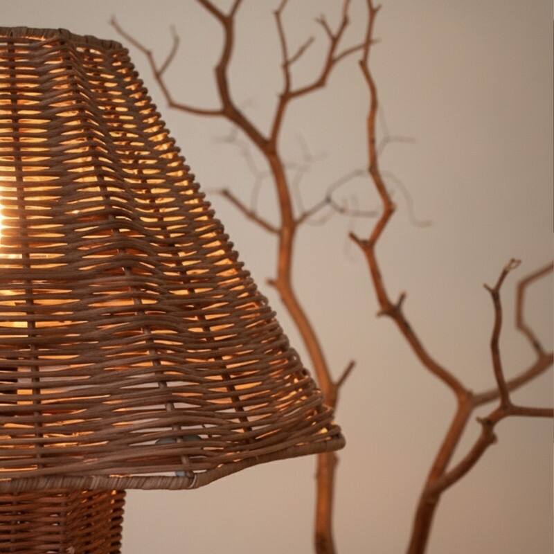 Brightech Leon 13 in. Woven Beige Rattan Mid-Century Coastal LED Bedside Nightstand Desk Lamp with Matching Woven Empire Shade