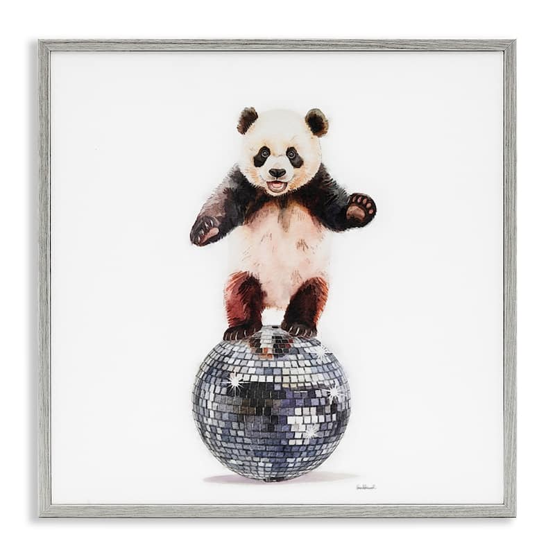 Stupell Panda Balancing on Disco Ball Framed Giclee Art Design By Amanda Greenwood - 12 x 12 - Grey