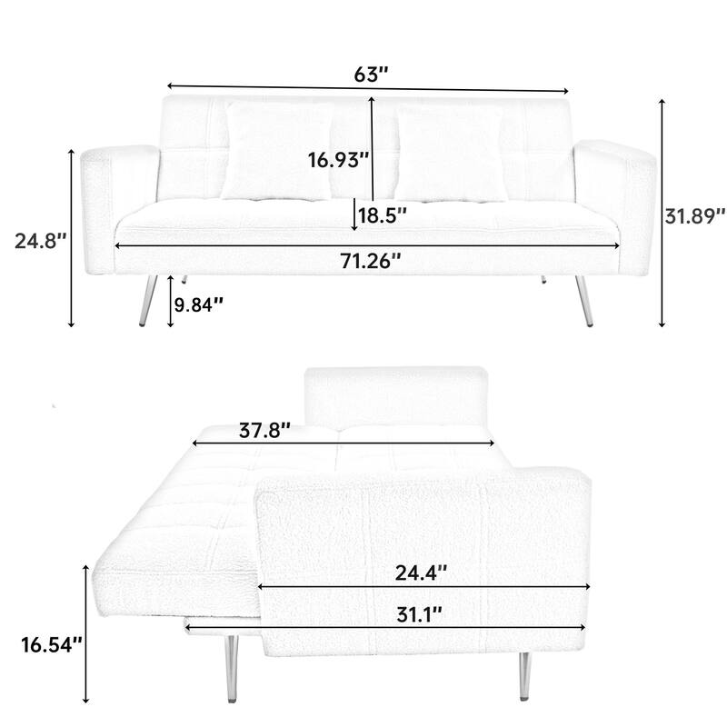 71.7 - inch Beige Teddy Fleece Sofa Bed with Two Throw Pillows