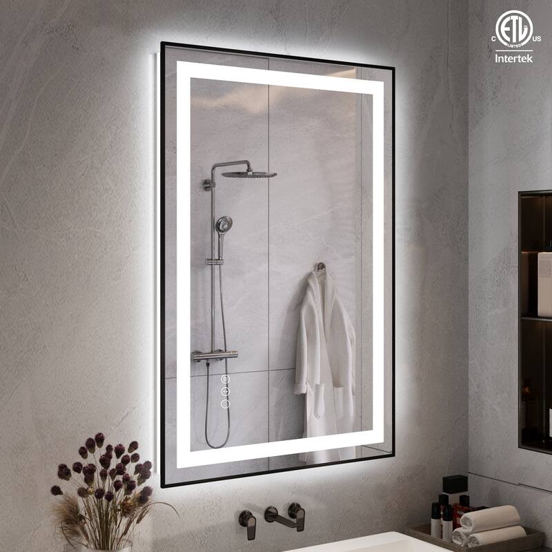 QuivaraView Aluminum front light and backlit LED lighted Framed Tempered Glass Bathroom Vanity Wall Mounted Mirror - 24" x 36"