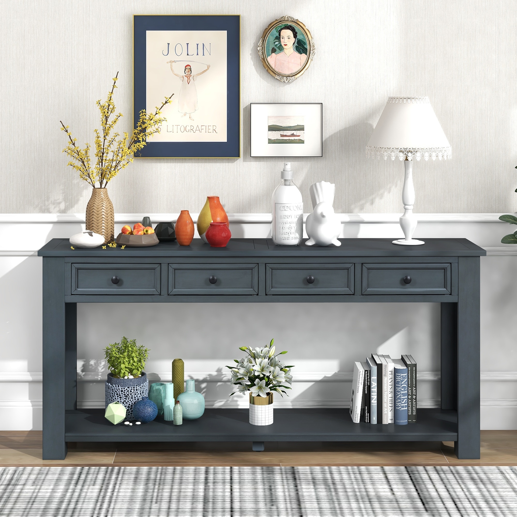 Navy console table with storage sale