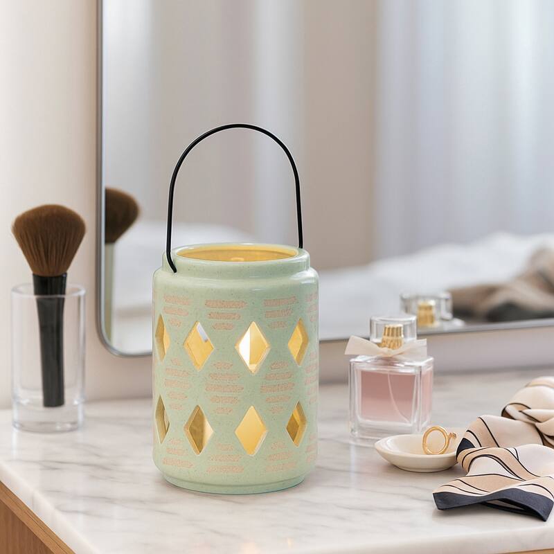 Ceramic Cut-Out Diamond Modern Lantern - Green - 6.0"