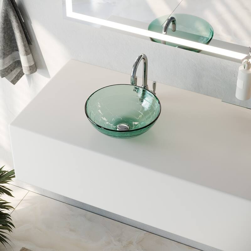 Frosted Green Bathroom Sink 12" Mini Small Round Tempered Glass Countertop Vessel Sink with Sink Drain Renovators Supply