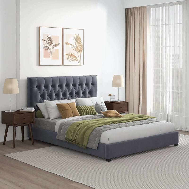 Queen Size Velvet Mid-Century Platform Bed with Tufted Headboard and Solid Wood Legs