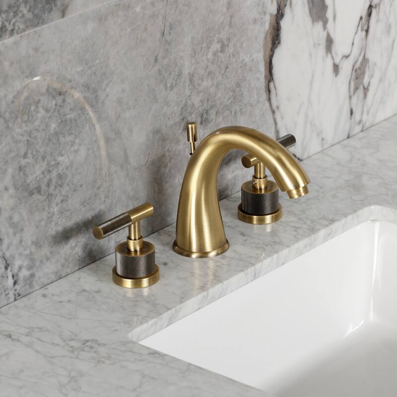 Kingston Brass Convergent Two-Handle 3-Hole Deck Mount Widespread Bathroom Faucet with Knurled Handle and Brass Pop-Up Drain