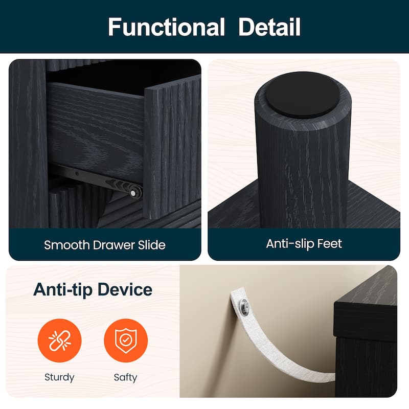 Black 3-Drawer Nightstand with Solid Wood Legs