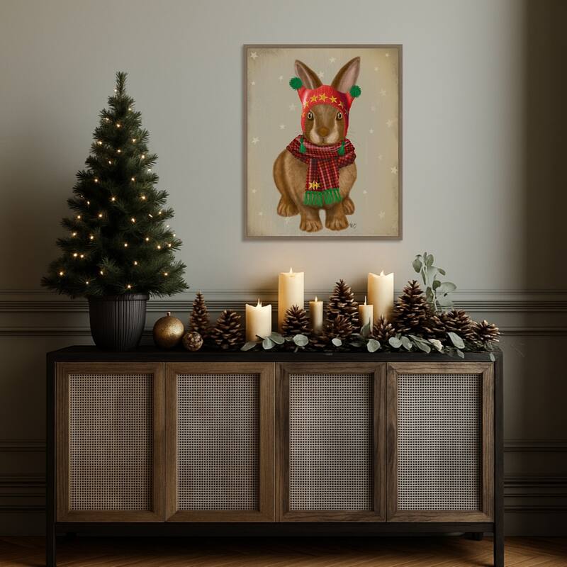 Bunny and Bobble Hat by Fab Funky (23 x 28 in.), Framed Canvas Wall Art Print - Sylvie Dark Gold