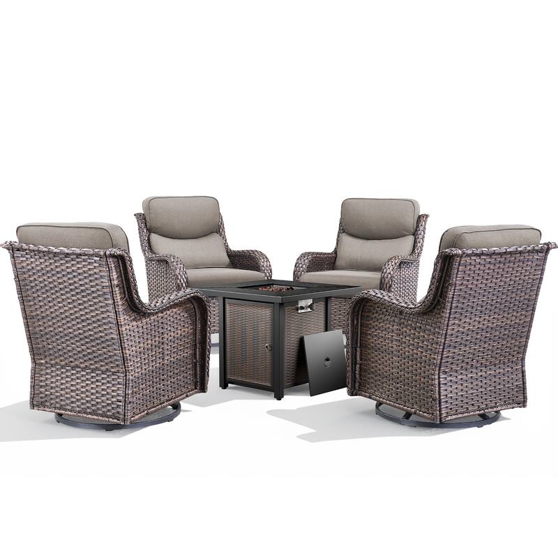 Meyreso 5-Piece Outdoor Patio Wicker Fire Pit 4 person Conversation Set with 5-Inch Thick Cushions