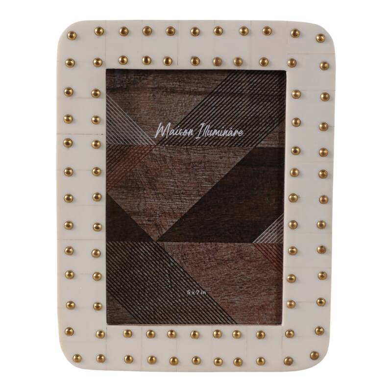 Wood Glass Photo Frame Studded Border Glam Modern Design - 9" Ivory