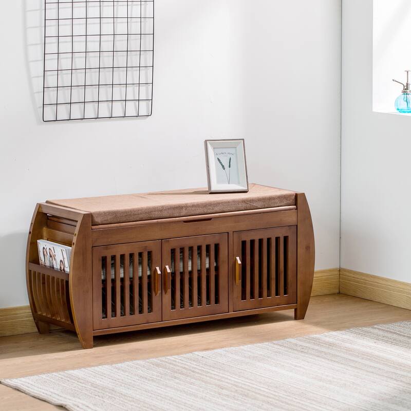 Bamboo Shoe Storage Bench with Storage Space and Padded Seat Cushion, for Entryway, Living Room, Bedroom, Brown