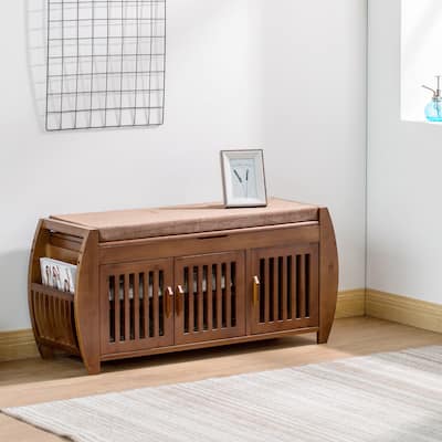 Bamboo Shoe Storage Bench with Storage Space and Padded Seat Cushion, for Entryway, Living Room, Bedroom, Brown