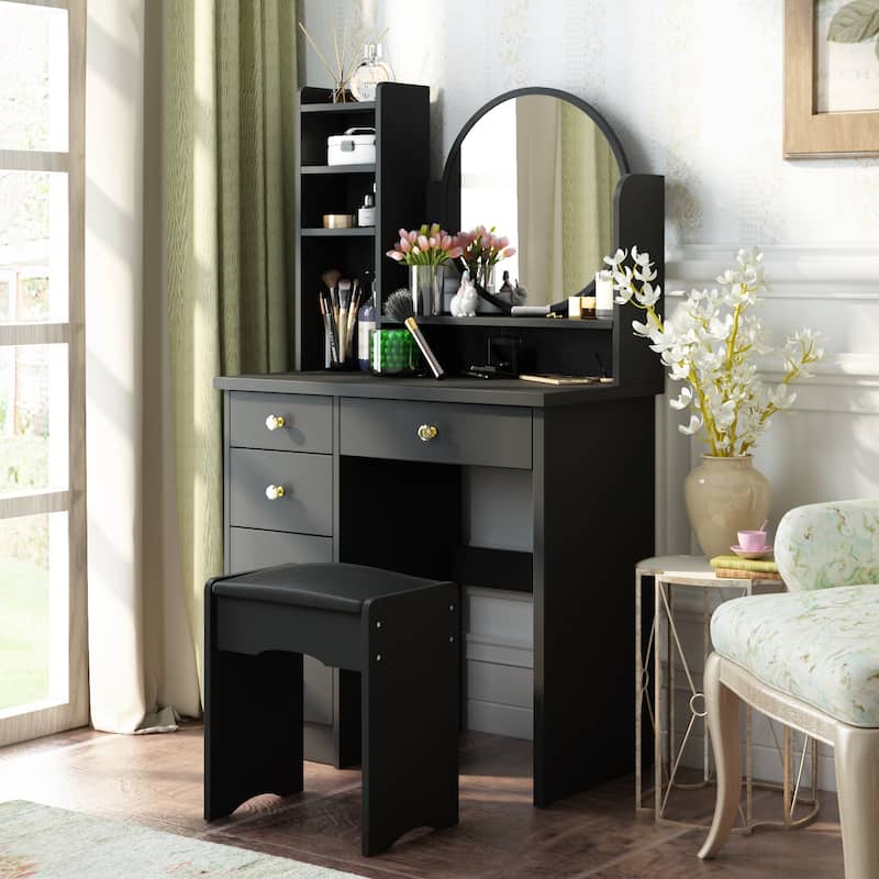 Timechee Makeup Vanity Set with Round Mirror, Drawers & Shelves - White - 31.5''L x 15.7''W x 52''H