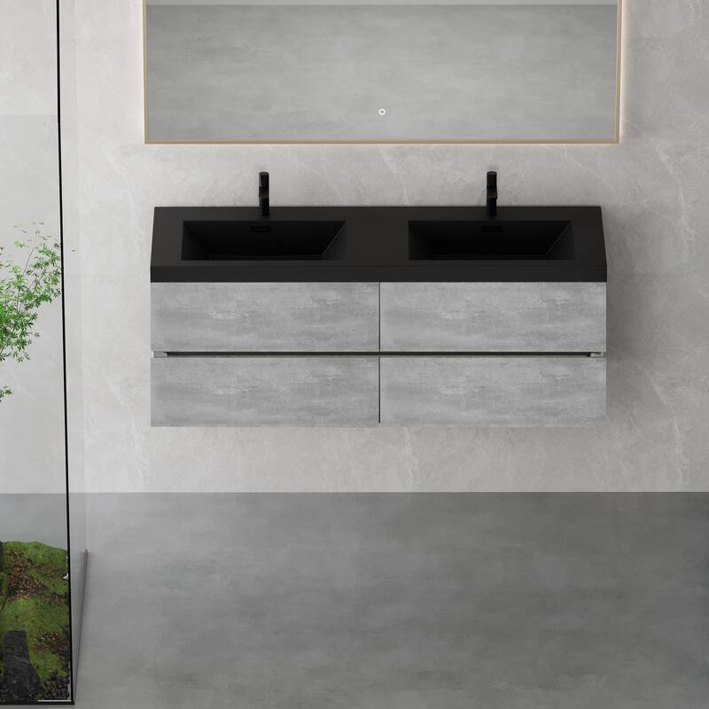 Modern Wall-Mounted Bathroom Vanity in Gray with Black Quartz Sand Top