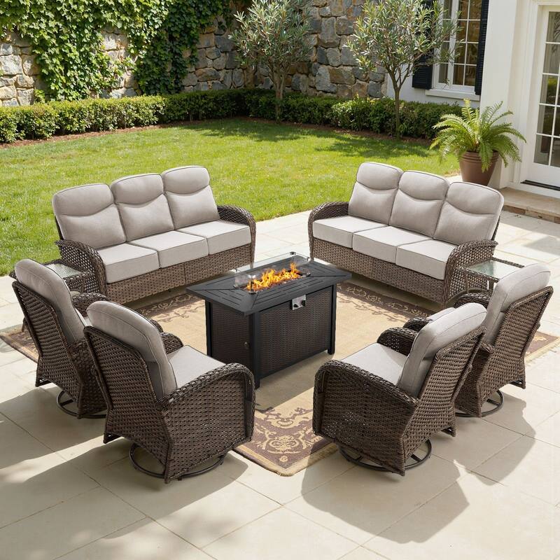 Meyreso 9-Piece Wicker Outdoor Patio Fire Pit Sofa Set with 6-Inch Thick Cushions - Brown Wicker - Beige Cushions
