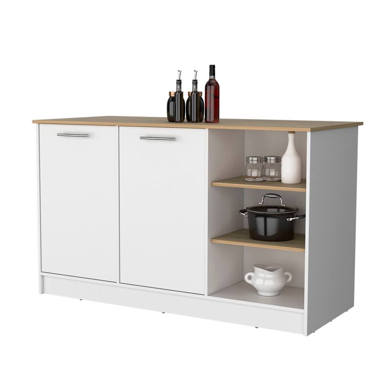 Gladiolus kitchen island in melamine, two doors, three open shelves